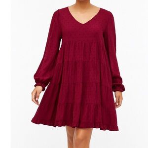 Mi Amore Dress swiss dot long puff sleeve tiered lined elastic waist SZ SM wine